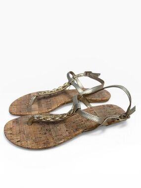 Lilly Pulitzer Gold Shell Thong Sandals Cork Sole Womens US 6 Summer Beach Flat